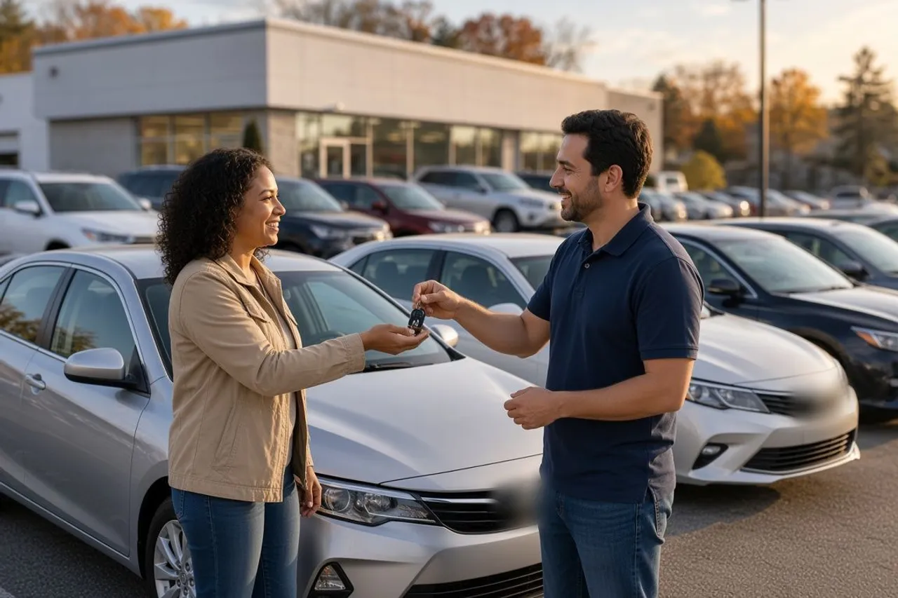 A dealership salesperson handing car keys to a customer on the lot
