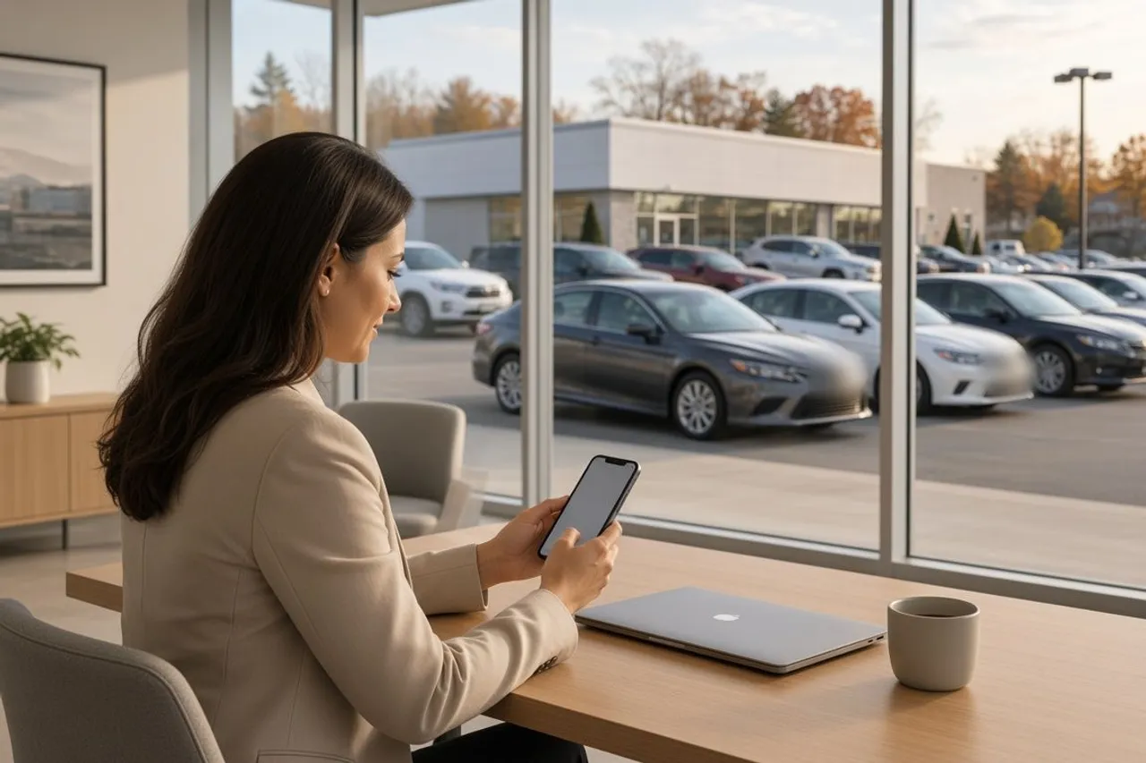 A dealership salesperson replying to a buyer on her phone in the showroom