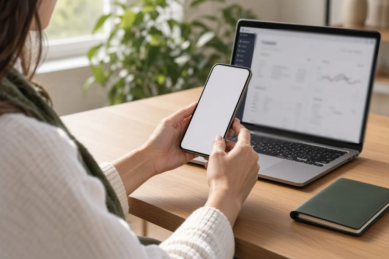 A business owner checking sales on a laptop and phone