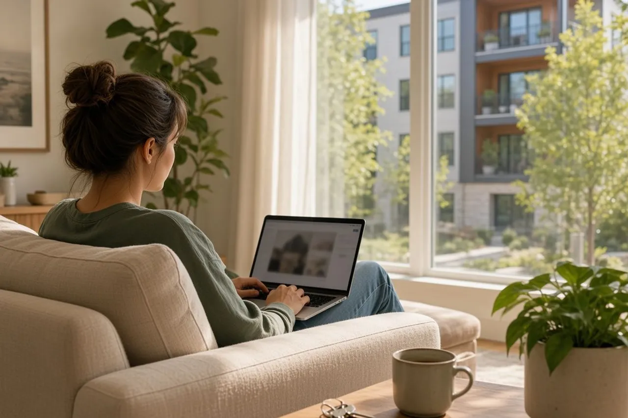 A person browsing property listings on a laptop at home