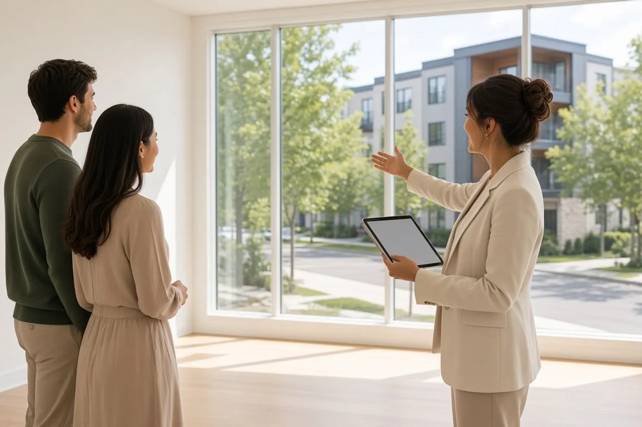 A real estate agent showing a bright apartment to a couple