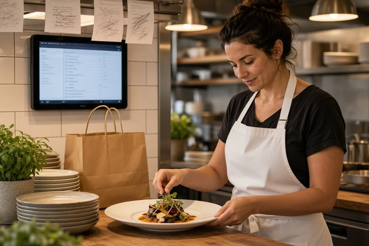 A chef plating a dish at the kitchen pass beside an order screen