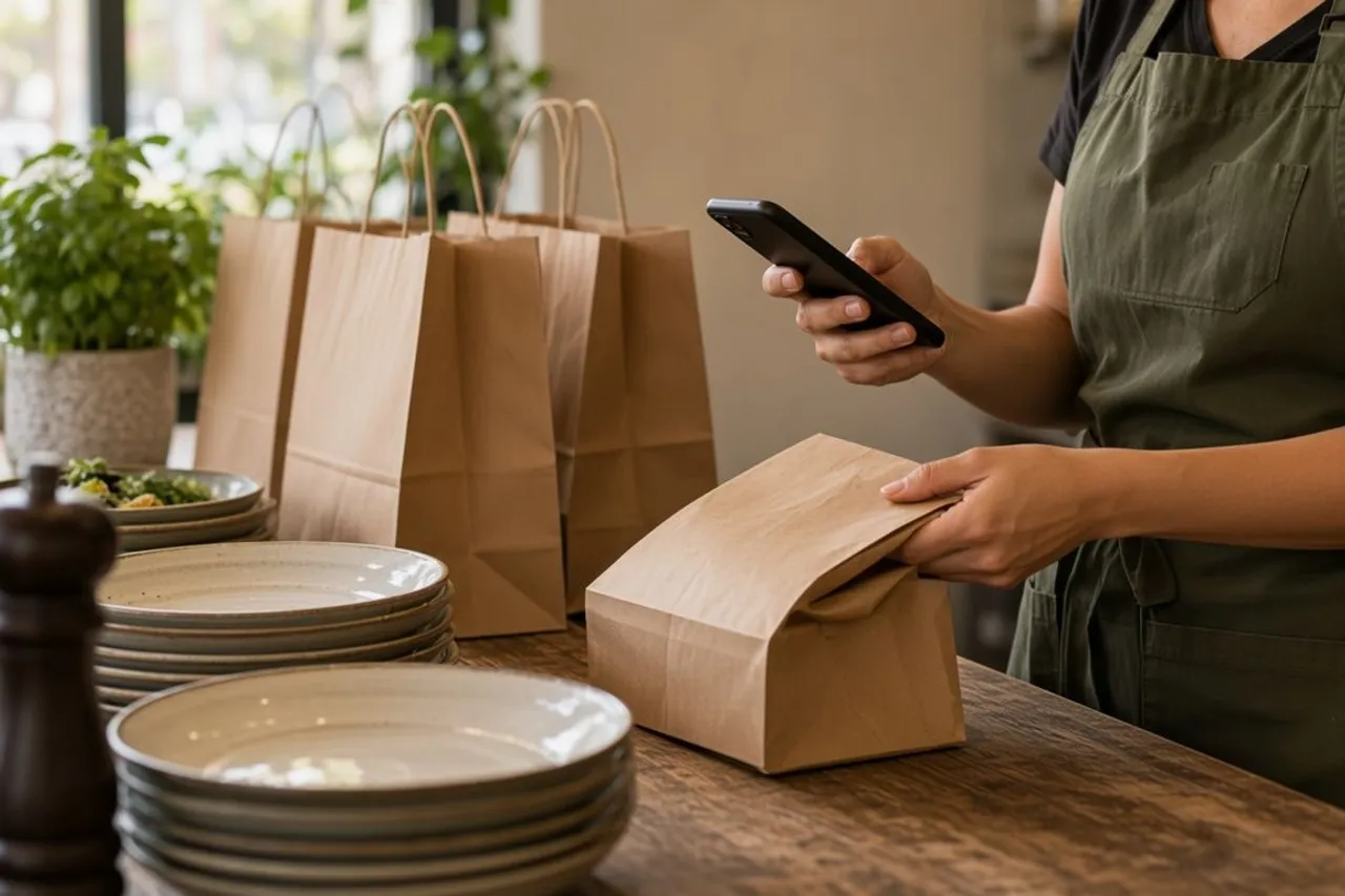 Takeaway orders bagged and checked at a restaurant pickup counter
