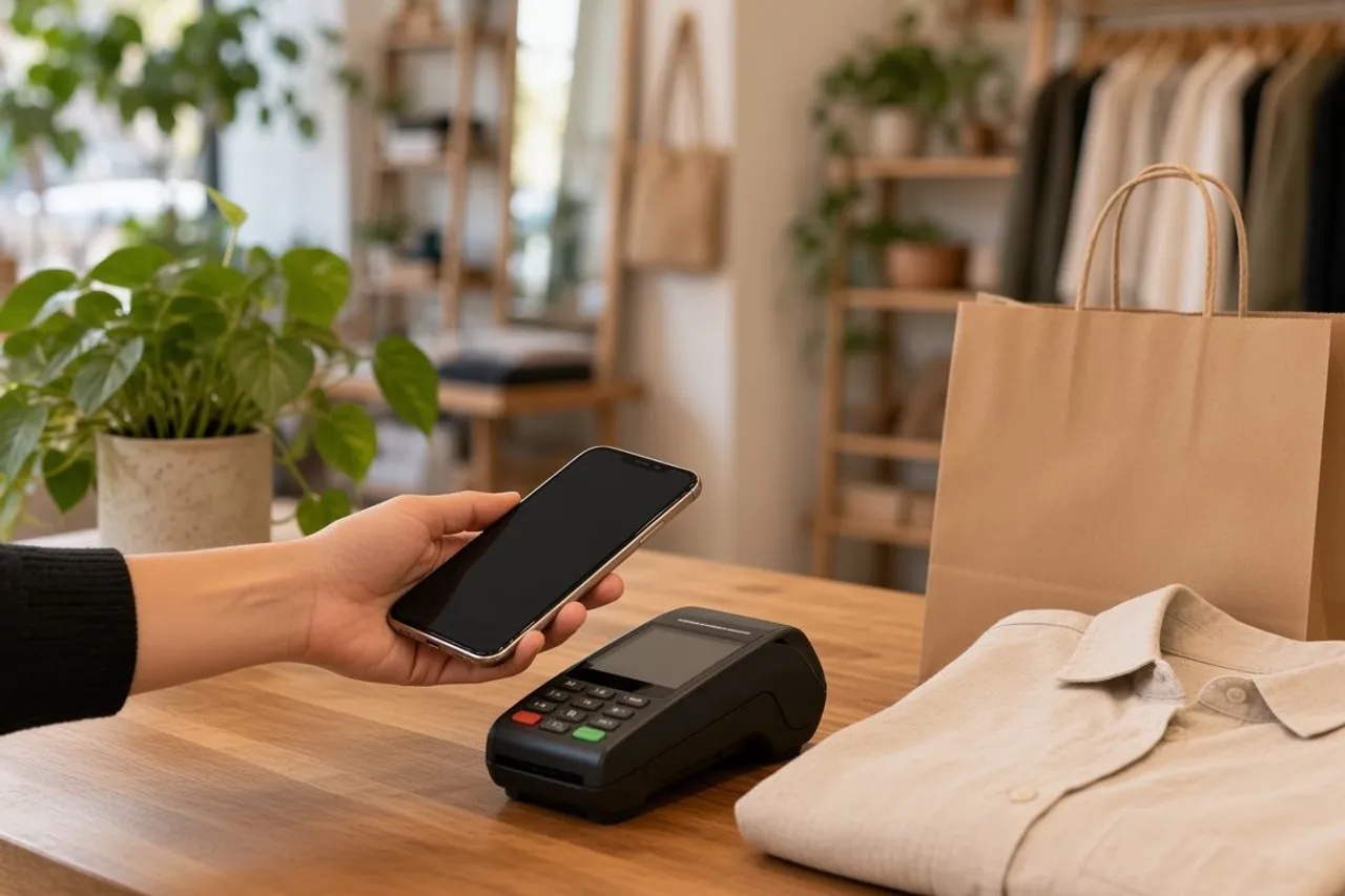 A customer paying by phone at a boutique checkout