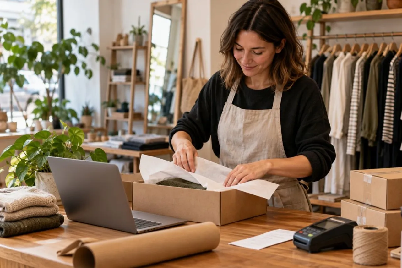 A boutique owner packing an online order at the shop counter